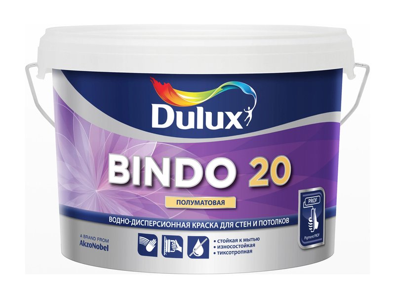 Краска Dulux Bindo 20 /Дулюкс Биндо 20 (латексная) для стен и потолков в помещениях с умеренной влажностью, полуматовая